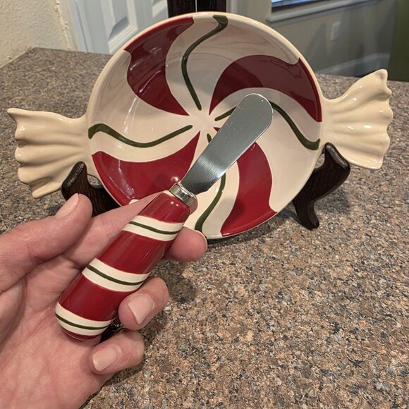 Longaberger Peppermint Twist Dip Bowl & Spreader Set‎ Christmas Candy Decor NIB - Picture 2 of 11